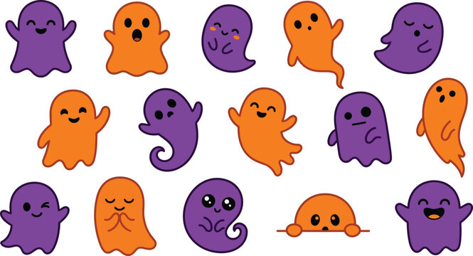 Set of cute cartoon ghosts in purple and orange colors isolated on white background for your creative halloween party decorations and design projects