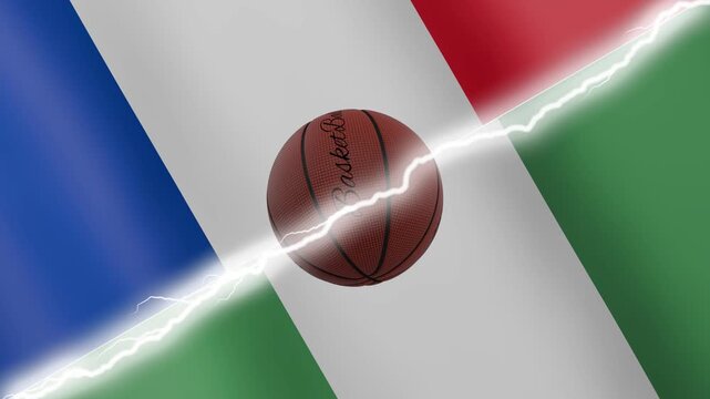 Spinning basketball ball against waving flags Nigeria and France separated by a diagonal electric effect, seamless 4k loop
