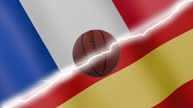 Spinning basketball ball against waving flags Spain and France separated by a diagonal electric effect, seamless 4k loop