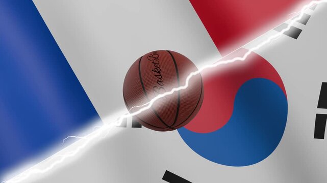 Spinning basketball ball against waving flags South Korea and France separated by a diagonal electric effect, seamless 4k loop