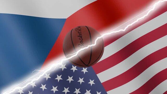 Spinning basketball ball against waving flags United States of America and Czechia separated by a diagonal electric effect, seamless 4k loop