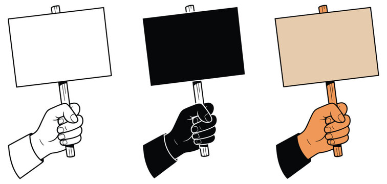 hand holding blank protest sign icon set, demonstration placard and strike banner symbols in outline silhouette and color styles for social activism design.