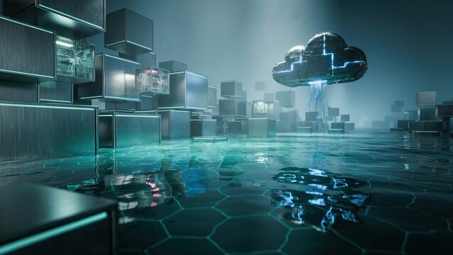 Cloud computing network floats above a reflective floor filled with metallic cubic server modules.