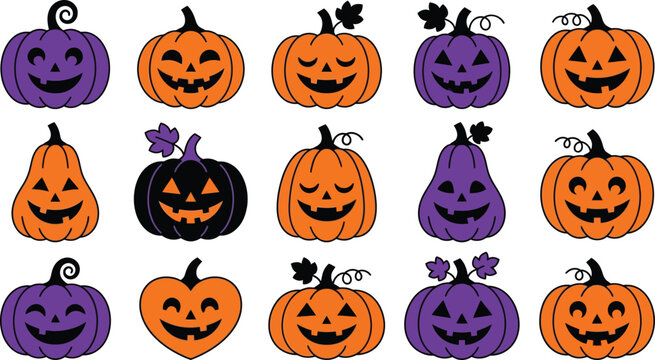 Set of cute cartoon halloween pumpkin jack o lantern characters with various expressions isolated on a white background for festive seasonal holiday design