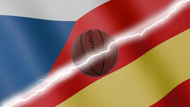 Spinning basketball ball against waving flags Spain and Czechia separated by a diagonal electric effect, seamless 4k loop