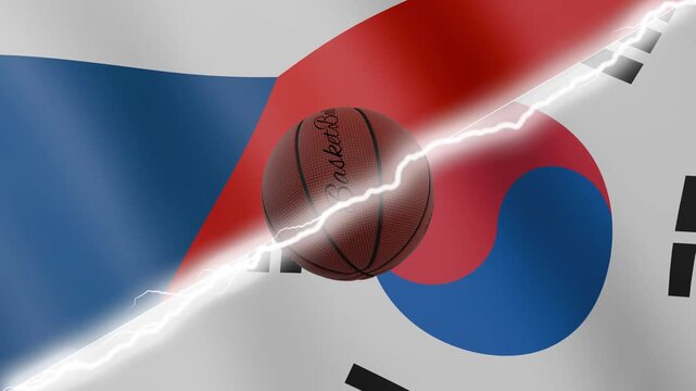 Spinning basketball ball against waving flags South Korea and Czechia separated by a diagonal electric effect, seamless 4k loop