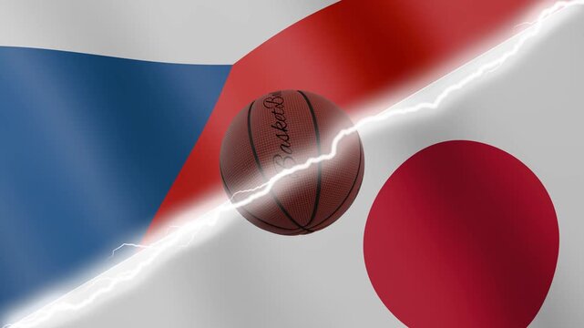 Spinning basketball ball against waving flags Japan and Czechia separated by a diagonal electric effect, seamless 4k loop