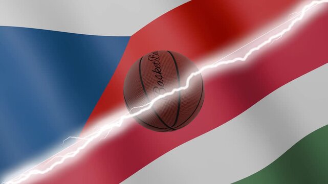 Spinning basketball ball against waving flags Hungary and Czechia separated by a diagonal electric effect, seamless 4k loop