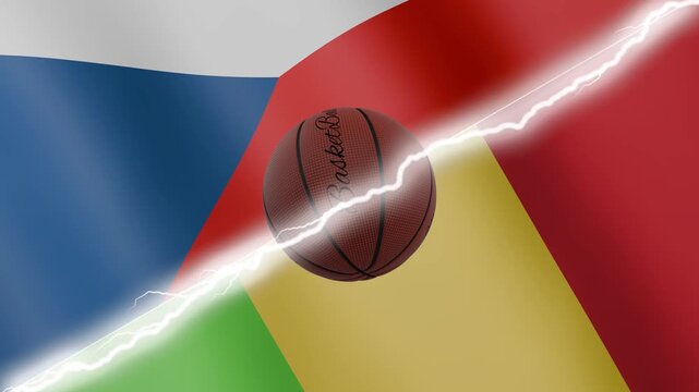 Spinning basketball ball against waving flags Mali and Czechia separated by a diagonal electric effect, seamless 4k loop