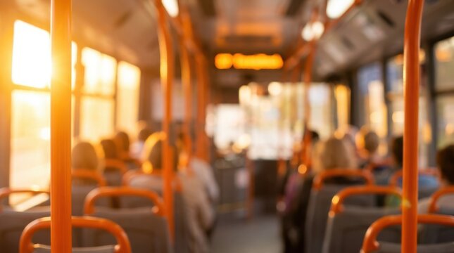 Interior view of a public bus during sunset with blurred passengers