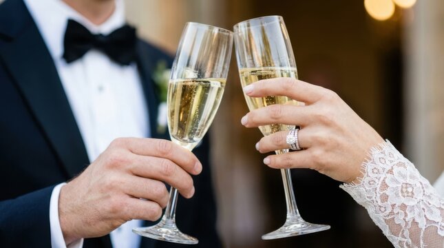 Bride and groom toasting with champagne flutes at a wedding