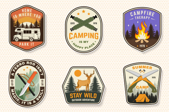 Vintage Camping Badge Collection Vector Set. Outdoor Adventure emblems with deer, folding saw, ferro rod fire starter, crossed paracord bracelets, camper van truck. Outdoor exploration design