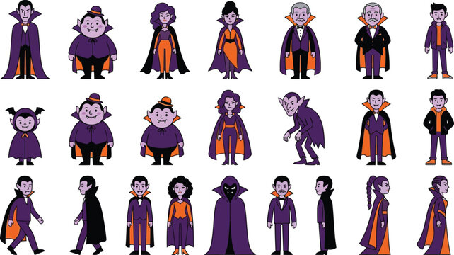 A collection of cute cartoon vampire characters in various poses designed for a fun halloween themed project or spooky party decoration sticker set