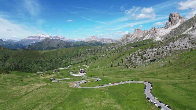 Giau Pass drive with mountains in Italy Dolomites by drone