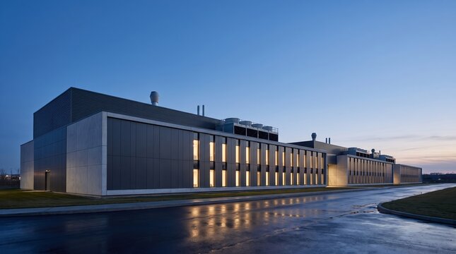 Modern hyperscale data center exterior at dusk with warm interior light