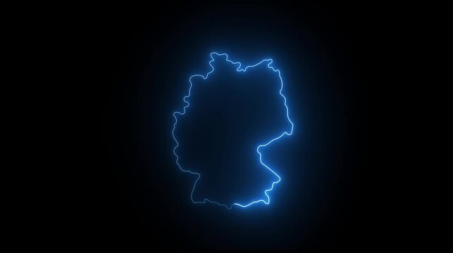 Glowing electric blue neon outline map of germany on a dark black background