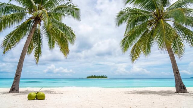 Tropical paradise beach with pristine white sand, tall palm trees, crystal-clear turquoise ocean, fluffy clouds, seamless looping panoramic background, 4K video