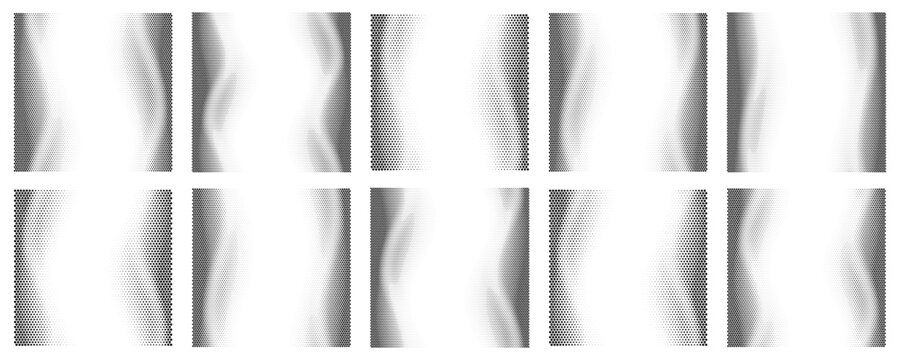 Abstract Halftone Dot Wave Backgrounds, Monochrome Gradient Texture Bundle, Vector Collection
