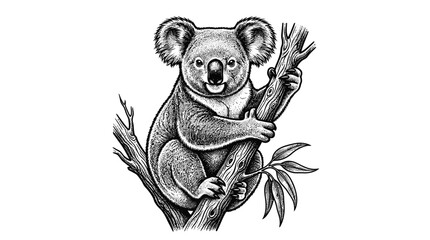Engraved koala climbing on a leafy eucalyptus branch. © Ratna