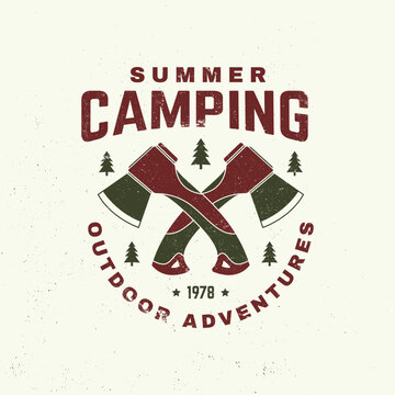 Summer Camping Vintage Vector Illustration. Outdoor Adventure Badge Design with Crossed Axes and Forest Elements. Perfect for t-shirt designs, stickers, travel gear, or hiking-themed merchandise.