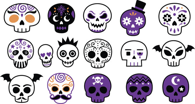 Set of various hand drawn skull icons for halloween celebration featuring decorative sugar skulls and spooky gothic designs on a white background