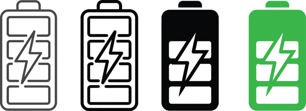 Battery Level Icons: A collection of four stylized battery icons, showcasing different levels of charge from empty to full, with prominent lightning bolt symbols indicating power.