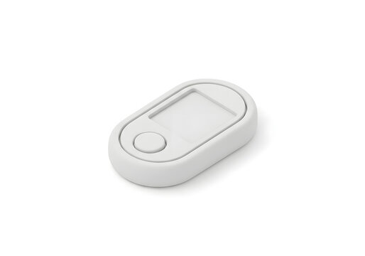 Electronic device with a circular button sits on a white surface as a modern product prototype.