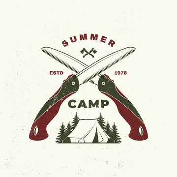 Summer Camp Vintage Vector Illustration. Outdoor Camping Adventure Design with Folding Saw, Tent and Forest. Perfect for t-shirt designs, stickers, travel gear, or hiking-themed merchandise.