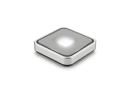 Square shaped charging device features a metallic frame and a glowing central light panel.