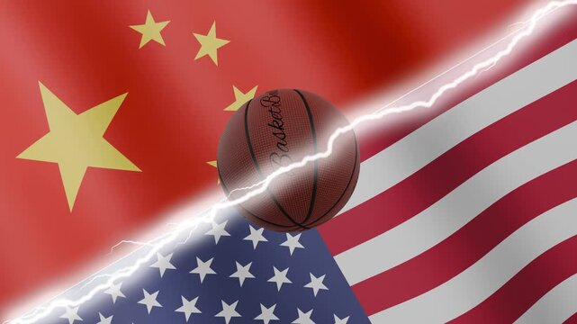 Spinning basketball ball against waving flags United States of America and China separated by a diagonal electric effect, seamless 4k loop