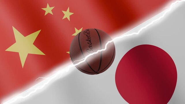 Spinning basketball ball against waving flags Japan and China separated by a diagonal electric effect, seamless 4k loop