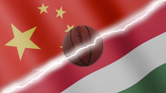 Spinning basketball ball against waving flags Hungary and China separated by a diagonal electric effect, seamless 4k loop