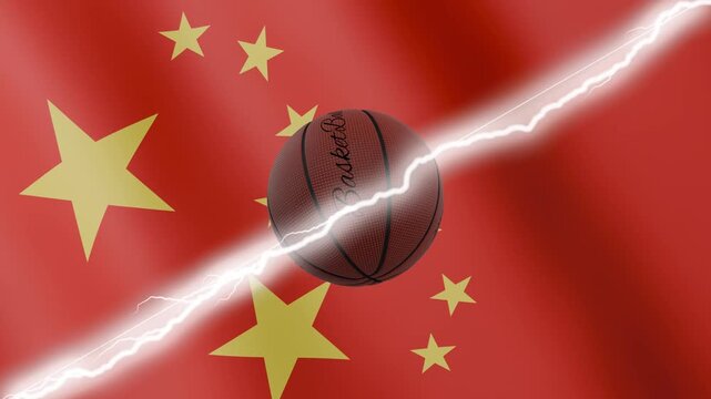 Spinning basketball ball against waving flags China and China separated by a diagonal electric effect, seamless 4k loop