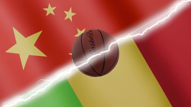 Spinning basketball ball against waving flags Mali and China separated by a diagonal electric effect, seamless 4k loop