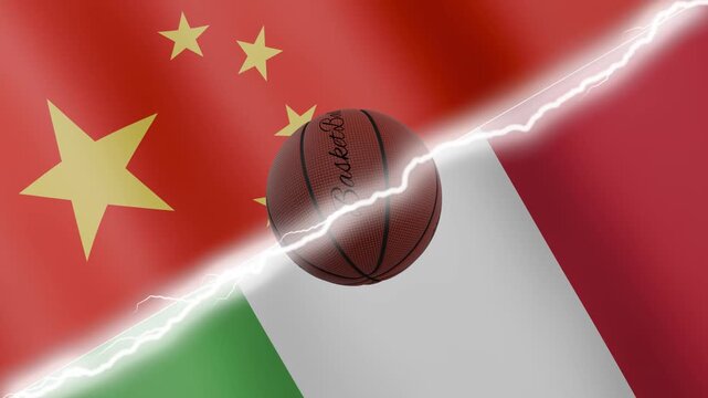 Spinning basketball ball against waving flags Italy and China separated by a diagonal electric effect, seamless 4k loop