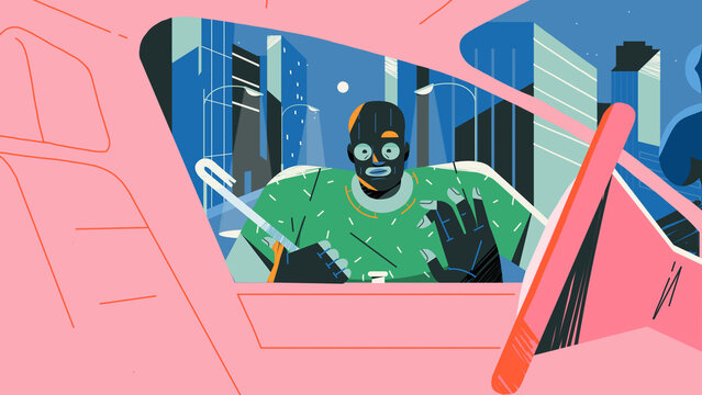 Car Thief Breaking Into a Vehicle at Night in the City