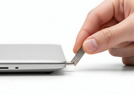 Hand inserts a small metal flash drive into the side port of a modern silver laptop for data transfer.