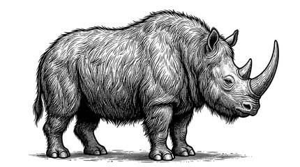 Hand-drawn engraving of a powerful rhinoceros. © Ratna