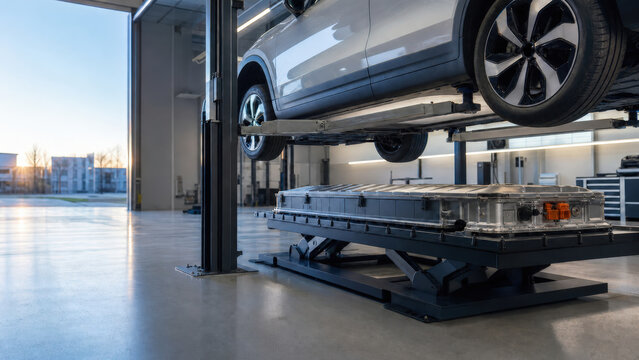 Electric Vehicle Traction Battery Pack Lowered On Service Table At Sunrise