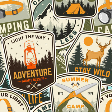Seamless Outdoor Adventure Badge Pattern Vector, Retro Camping Sticker Collage Background. For Fabric, Textile, Apparel, Wrapping Paper, Wallpaper, Backgrounds and Surface Design
