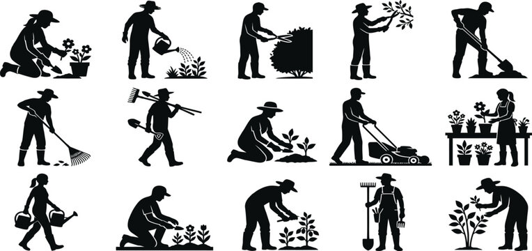 gardening worker silhouette set, male female gardener vector shapes, planting pruning mowing lawn icons, agriculture garden maintenance collection for artwork