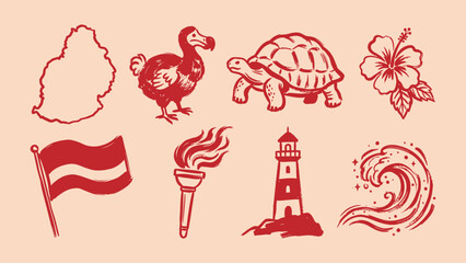 Mauritius national symbols vector illustration set featuring dodo bird giant tortoise lighthouse hibiscus flower map outline flag torch and ocean wave icons in hand drawn linocut style © Zyariss