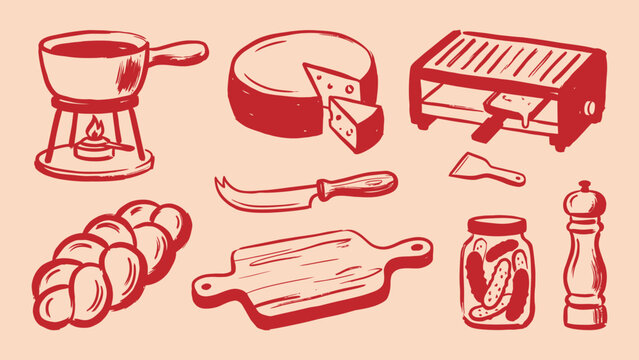 Swiss cheese fondue and raclette set vector illustration featuring fondue pot, cheese wheel, grill, bread, cutting board, and pickles