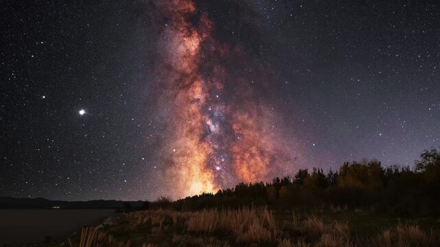 Beautiful night landscape with bright Milky Way on the  starry night sky.