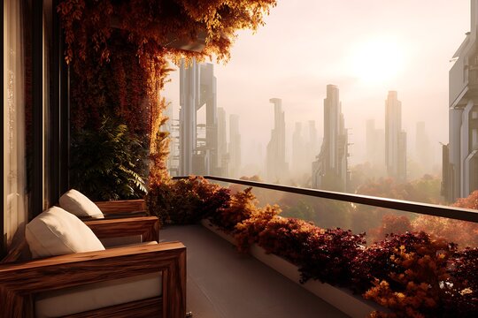 Modern apartment balcony with sofa and vertical garden overlooking futuristic city at sunset
