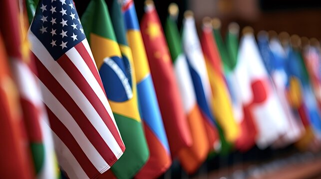 Flags of various nations, including the usa, brazil, china, and japan, arrayed in a row, symbolizing international relationships, united efforts, and government summits