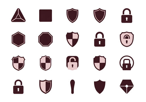 Icons representing security shields and padlocks are arranged in a grid to convey data protection and privacy concepts.