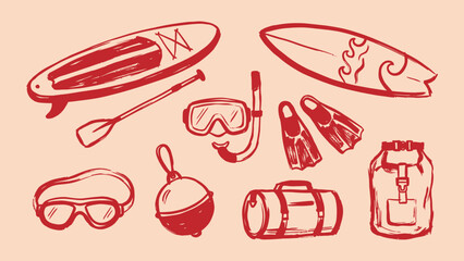 Water sports and surfing equipment vector icons set with surfboard paddleboard snorkel mask flippers and dry bag © Zyariss