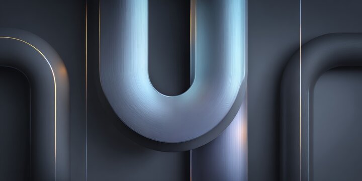 Modern minimal u-shaped metallic pipe architectural abstract frame with subtle blue light and gold edge glow for luxury tech background