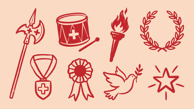 Hand drawn red vector icons set with halberd drum torch laurel wreath medal rosette dove and star for historical and symbolic designs